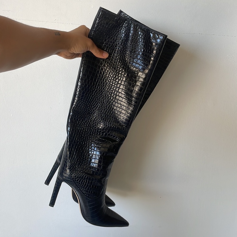 Jimmy Choo Mavis 100 Navy Croc Embossed leather knee high boots
